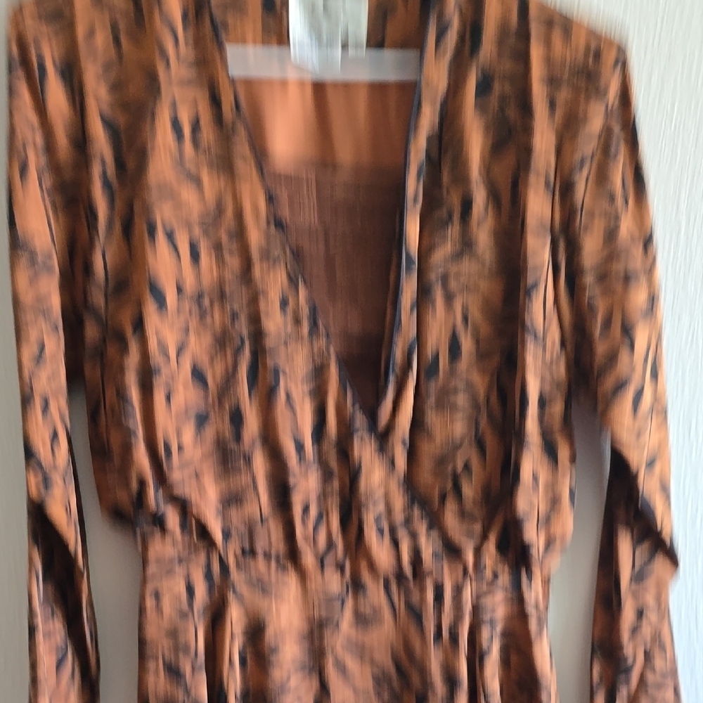 Brown Long Sleeve Wrap Dress with V-Neck - Picture 12 of 14